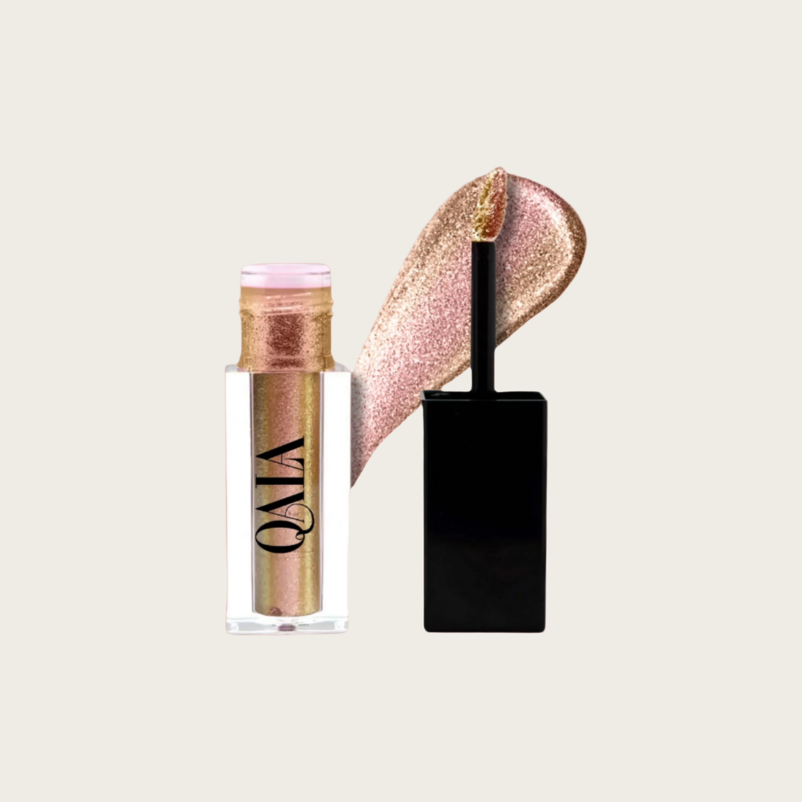 Lip gloss and Eye Shadow with a swatch on a pink background