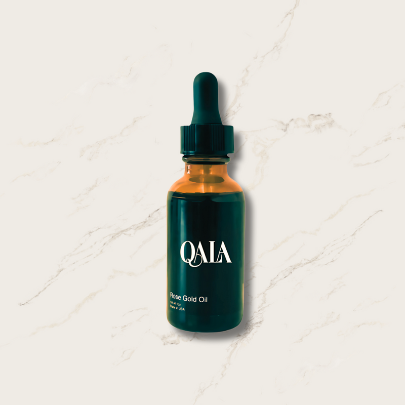 Rose Gold Radiance luxury anti-aging face oil with rosehip and omega fatty acids for hydration, collagen support, and radiant skin – QALA Skincare.

